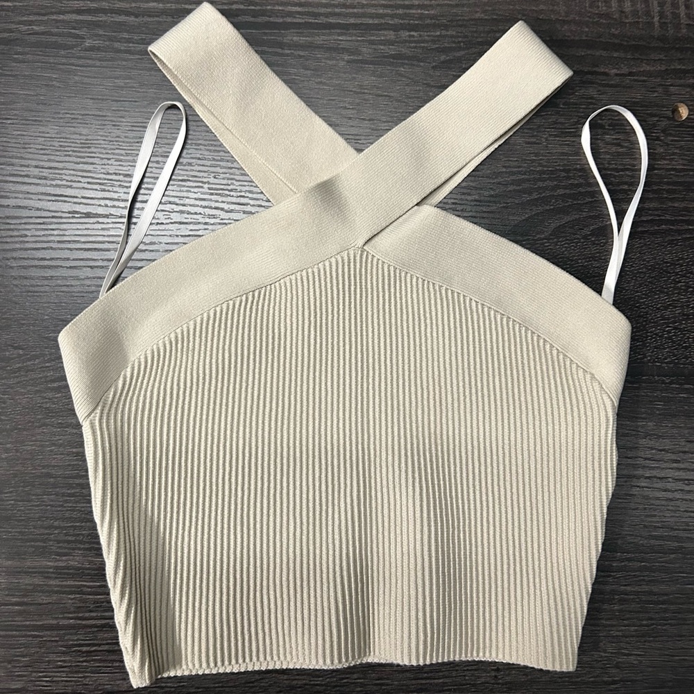 Babaton Cross-Strap Ribbed Crop Top in Cream